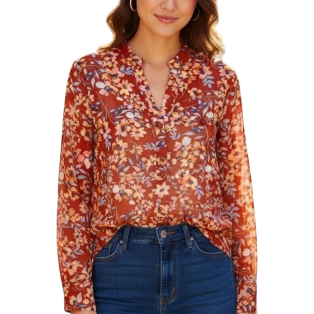 KUT from the Kloth Sinclair Fall Floral Print Top‎ Long Sleeve Rust Extra Small